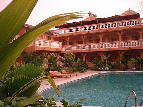 A modern tourist hotel catering to Europeans in the resort town of Saly.