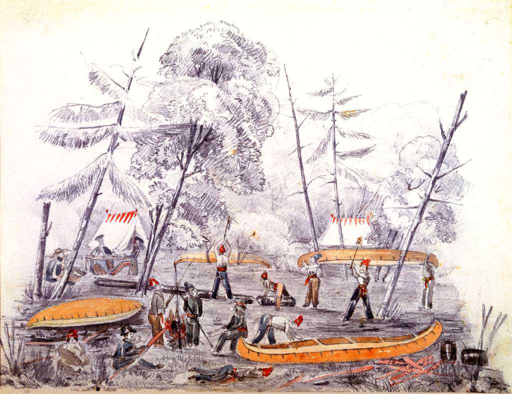 Camp used by soldiers and labourers of the Rideau Canal, on the south side of the Ottawa River in 1826. The building of the canal attracted many land speculators to the area.